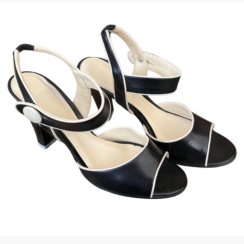 Enzo Angiolini Black & Cream Leather Strappy Heels Made in Brazil size 6.5 M !